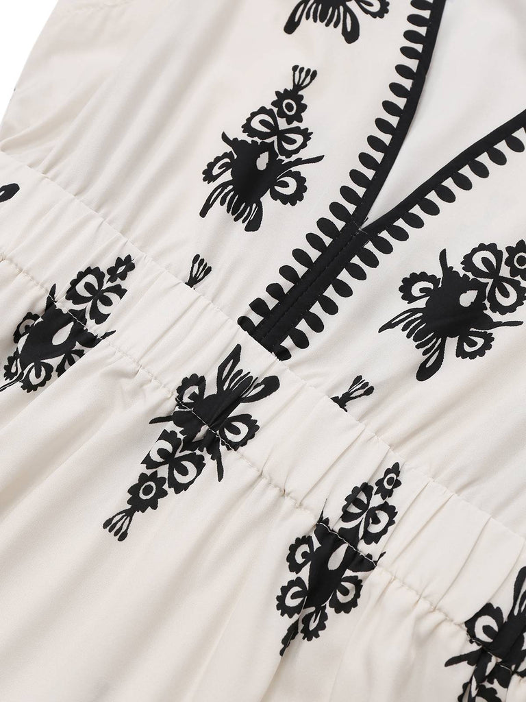 White 1970s Deep V Boho Floral Dress - vintage dress, retro fashion, pure white