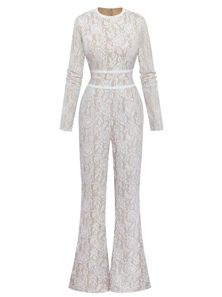 White 1970s Lace Long-Sleeve Flared Legs Jumpsuit - vintage jumpsuit, retro fashion, elegant red