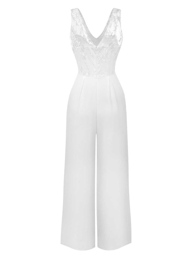 White 1970s Mesh Floral Embroidered Jumpsuit - vintage jumpsuit, retro fashion, elegant red