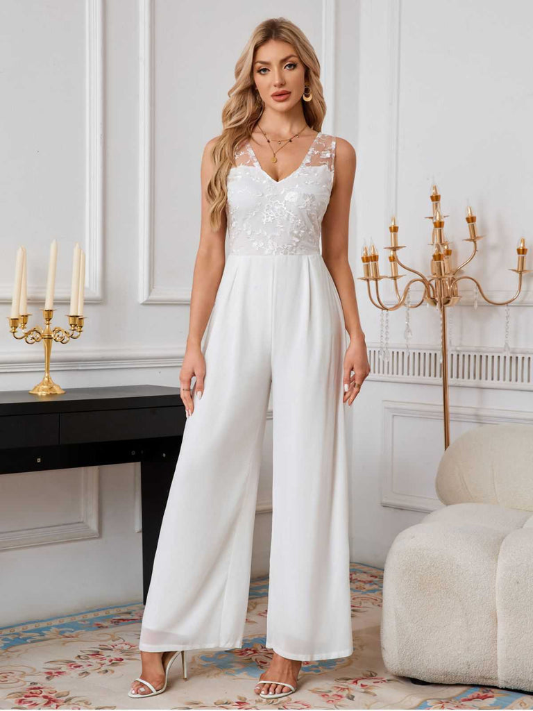 White 1970s Mesh Floral Embroidered Jumpsuit - vintage jumpsuit, retro fashion, elegant red