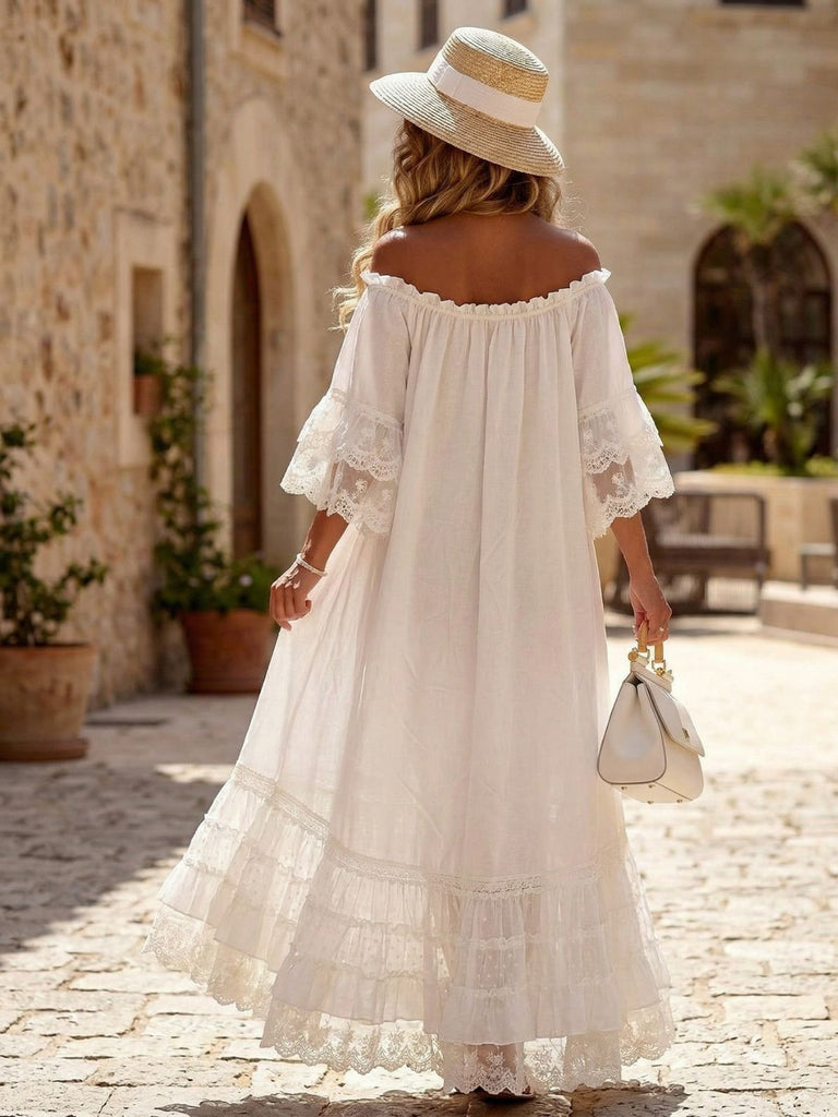 White 1970s Off-Shoulder Lace Tiered  Boho Dress - vintage dress, retro fashion, elegant red