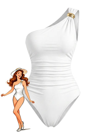 White 1970s One-Shoulder Ruched One-Piece Swimsuit - vintage swimsuit, pin-up swimwear for vintage lovers