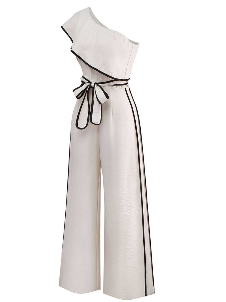 White 1970s One-Shoulder Ruffled Belted Jumpsuit - vintage jumpsuit, retro fashion, pure white
