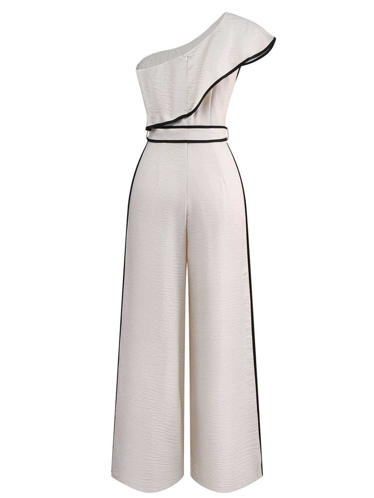White 1970s One-Shoulder Ruffled Belted Jumpsuit - vintage jumpsuit, retro fashion, pure white