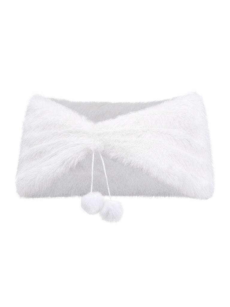 White 1970s Solid Faux Fur Pom Pom Tie Shawl - vintage fashion, retro style, pure white