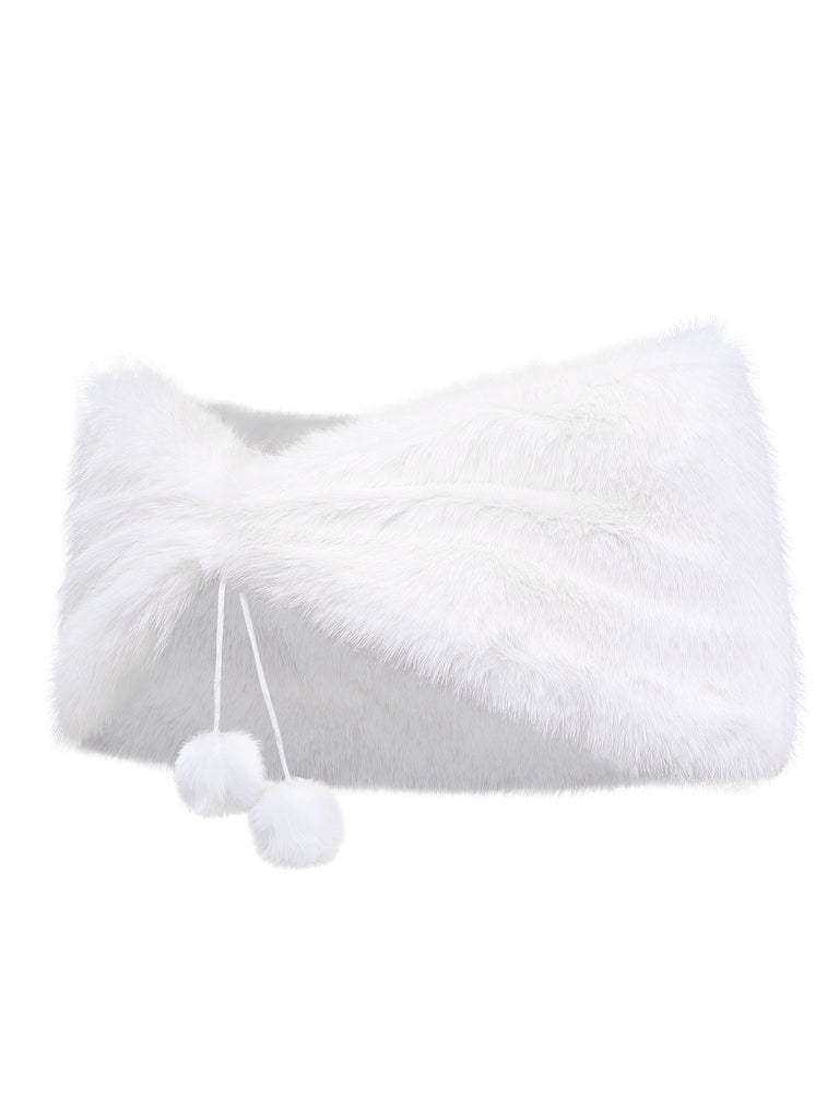 White 1970s Solid Faux Fur Pom Pom Tie Shawl - vintage fashion, retro style, pure white