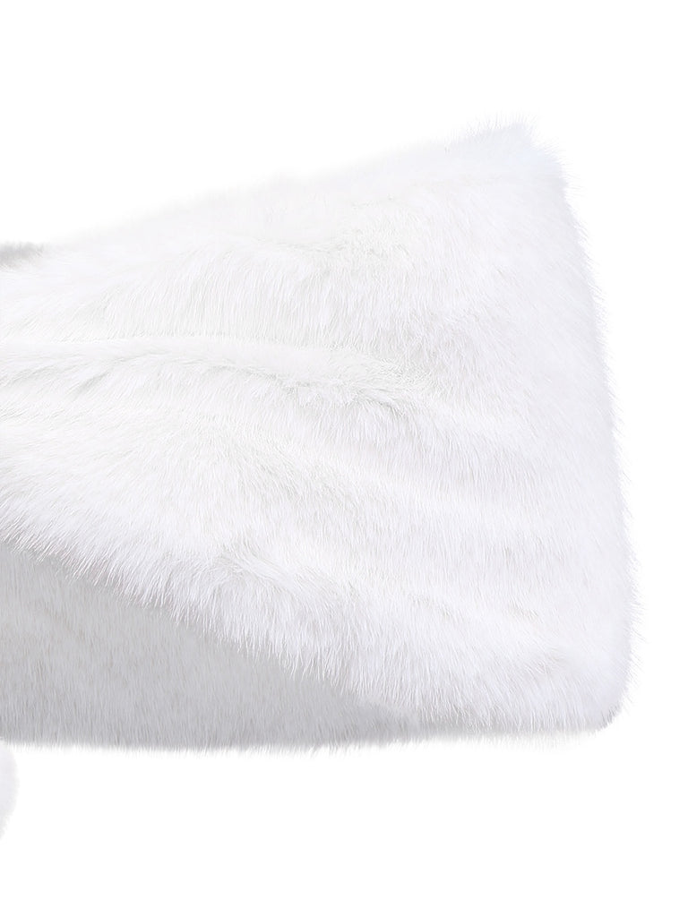 White 1970s Solid Faux Fur Pom Pom Tie Shawl - vintage fashion, retro style, pure white