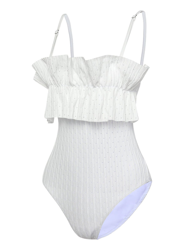 White 1970s Solid Ruffles Bandeau Swimsuit, vintage swimsuit, pin-up swimwear - perfect for women who love vintage and retro fashion