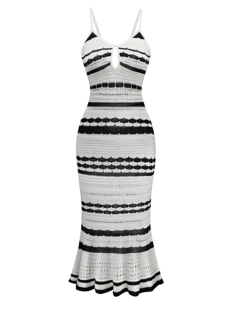 White 1970s Striped Knit Bodycon Dress - vintage dress, retro fashion, pure white