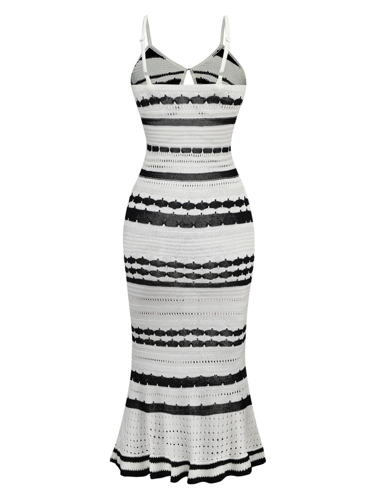 White 1970s Striped Knit Bodycon Dress - vintage dress, retro fashion, pure white