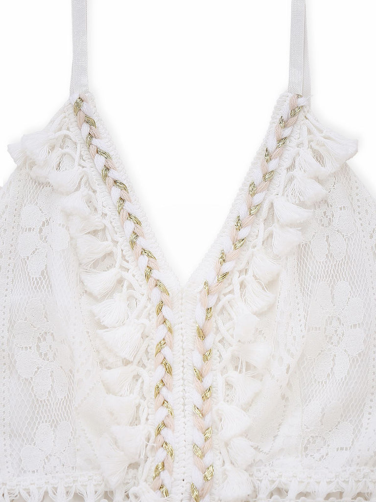 White 1970s V-Neck Boho Lace Maxi Dress - vintage dress, retro fashion, pure white