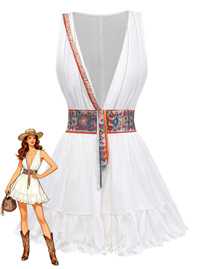 White 1970s V-Neck Sleeveless Boho Mini Dress 2