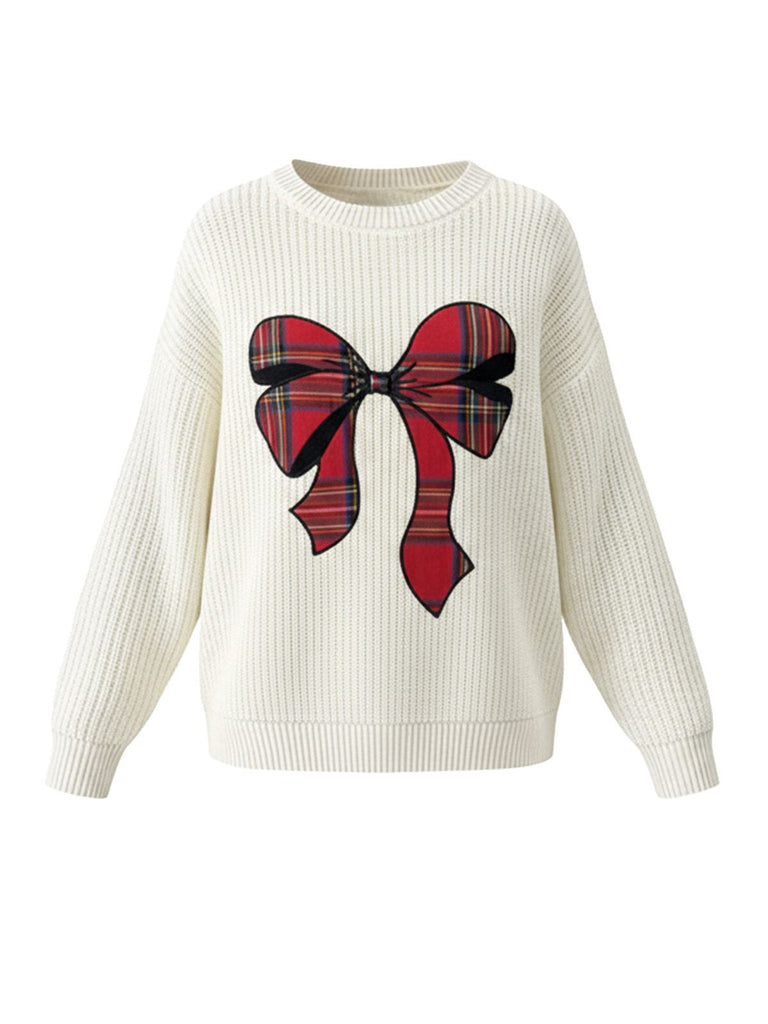 White 1980s Christmas Plaid Bow Round Neck Sweater - vintage fashion, retro style, pure white