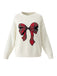 White 1980s Christmas Plaid Bow Round Neck Sweater - vintage fashion, retro style, pure white