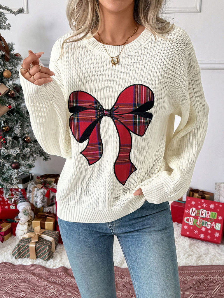 White 1980s Christmas Plaid Bow Round Neck Sweater - vintage fashion, retro style, pure white