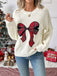 White 1980s Christmas Plaid Bow Round Neck Sweater - vintage fashion, retro style, pure white