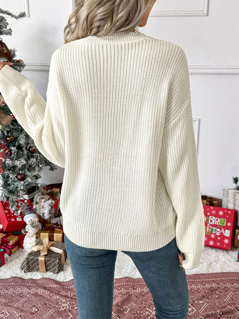 White 1980s Christmas Plaid Bow Round Neck Sweater - vintage fashion, retro style, pure white