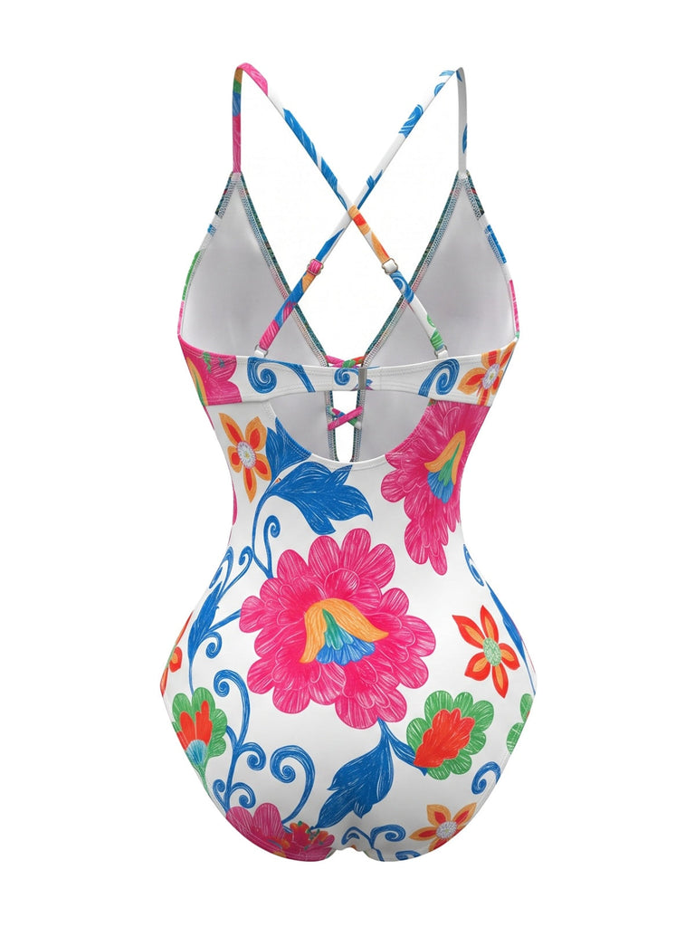 White 1980s Floral Crisscross Halter Deep-V One Piece Swimsuit, vintage swimsuit, pin-up swimwear - perfect for women who love vintage and retro fashion