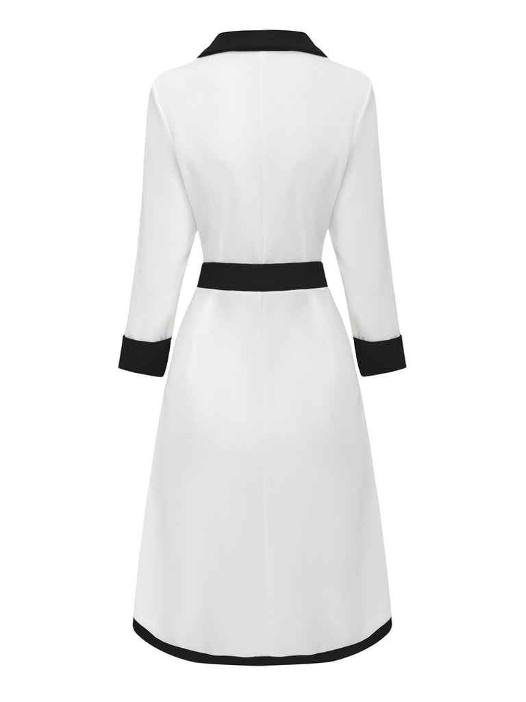 White & Black 1940s Deep V-Neck Notched Button Dress - vintage dress, retro fashion, classic black
