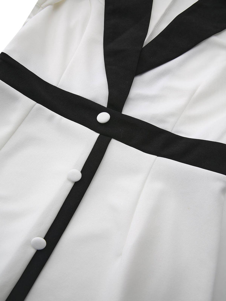 White & Black 1940s Deep V-Neck Notched Button Dress - vintage dress, retro fashion, classic black