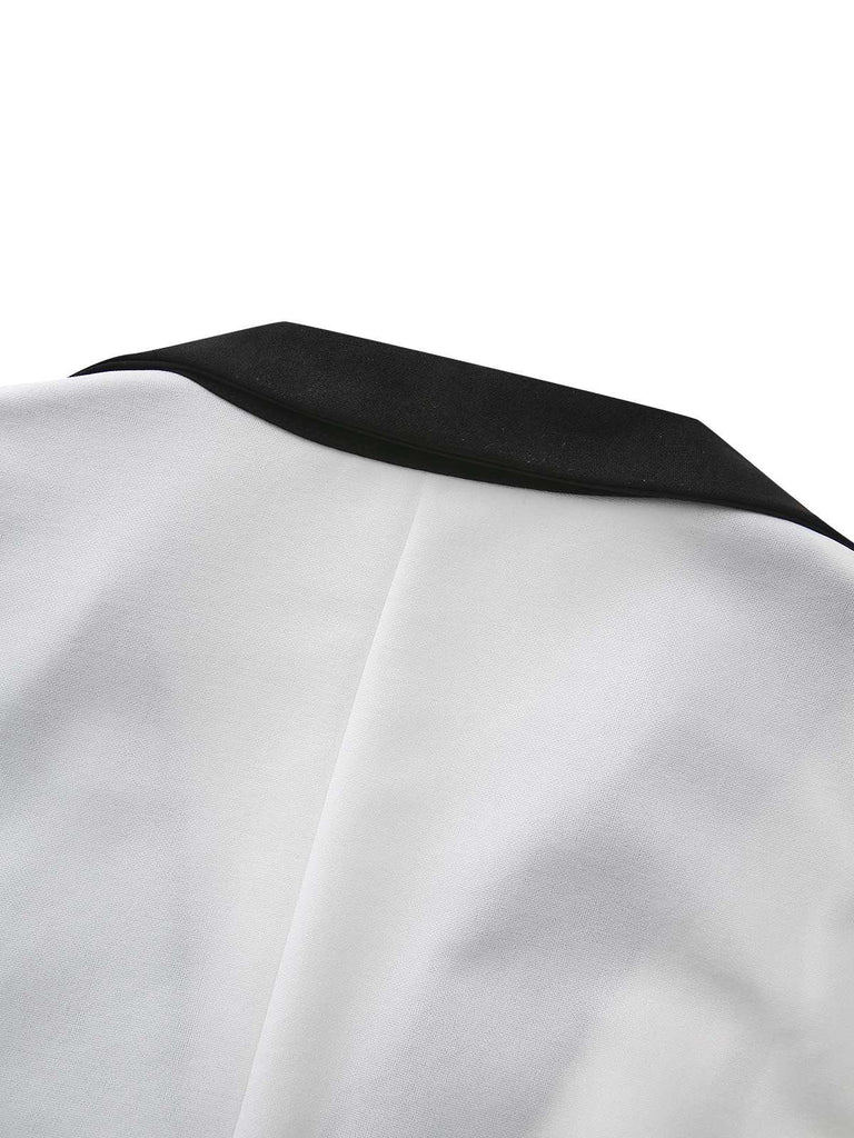 White & Black 1940s Deep V-Neck Notched Button Dress - vintage dress, retro fashion, classic black