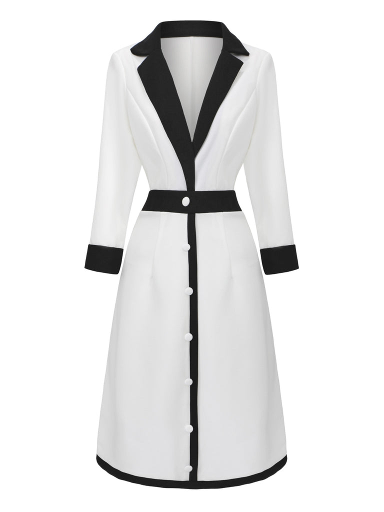 White & Black 1940s Deep V-Neck Notched Button Dress, vintage dress, retro fashion - perfect for women who love vintage and retro fashion