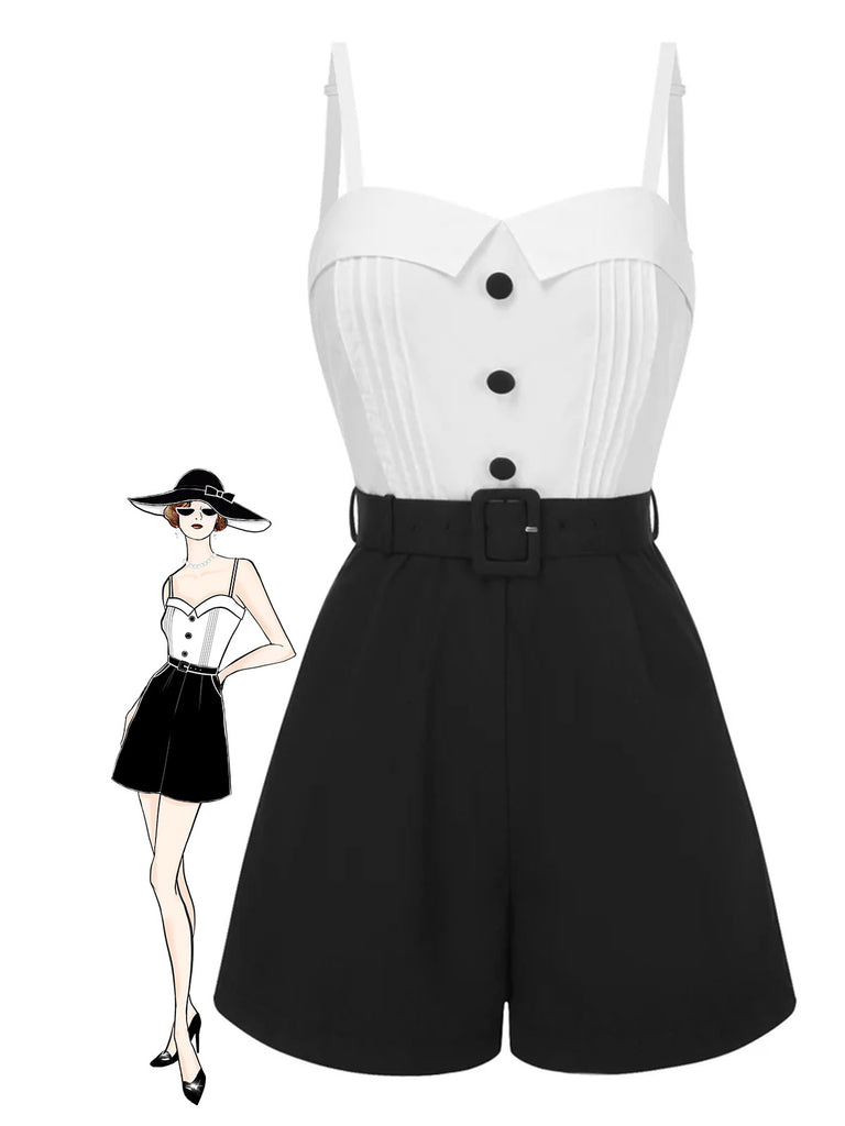 White & Black 1950s Cotton Spaghetti Straps Romper - vintage jumpsuit, retro fashion, classic black