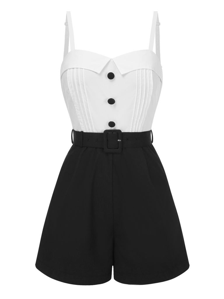White & Black 1950s Cotton Spaghetti Straps Romper - vintage jumpsuit, retro fashion, classic black