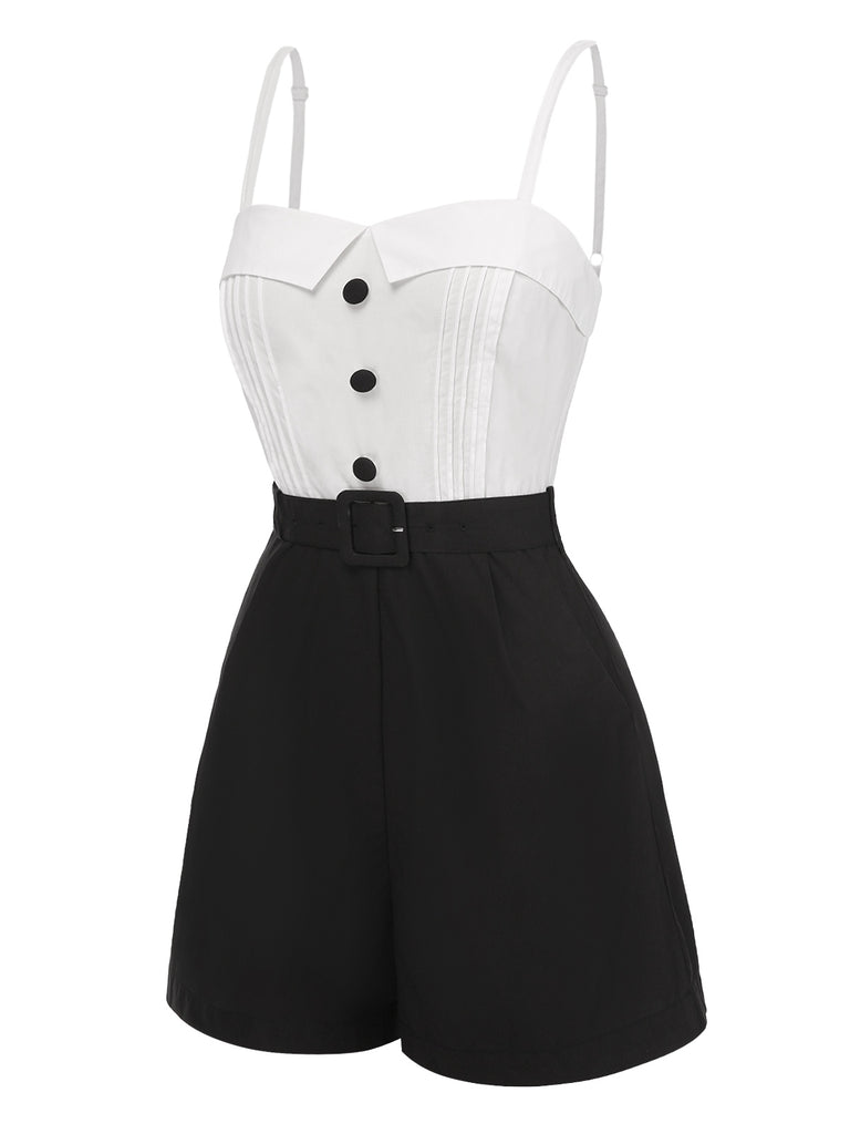 White & Black 1950s Cotton Spaghetti Straps Romper - vintage jumpsuit, retro fashion, classic black