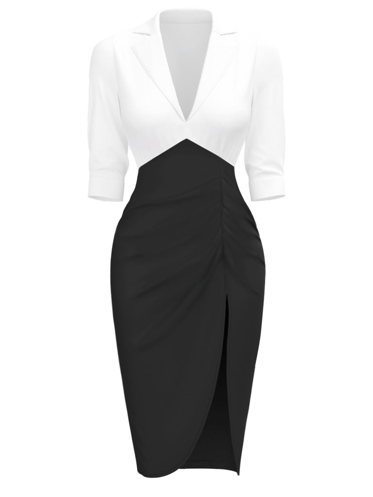She slips into this White & Black 1960s Notched Collar Ruched Bodycon Dress and suddenly it's a 1960s daydream