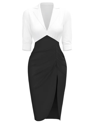 She slips into this White & Black 1960s Notched Collar Ruched Bodycon Dress and suddenly it's a 1960s daydream