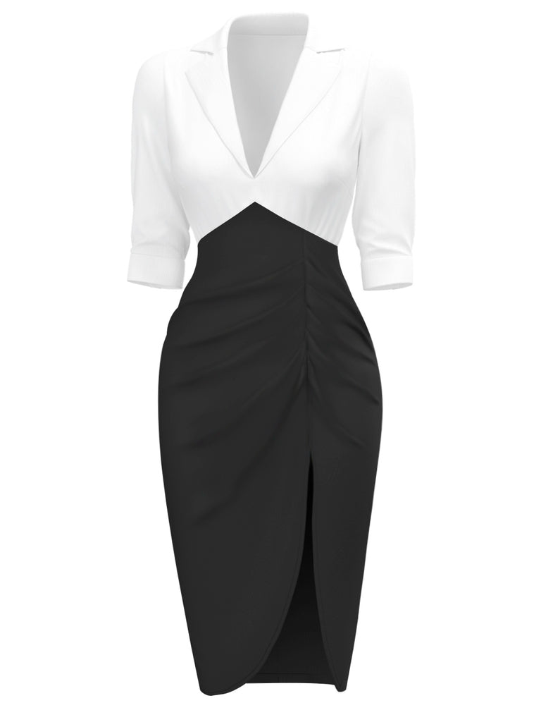 White & Black 1960s Notched Collar Ruched Bodycon Dress: where 1960s romance meets her modern spirit