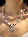 White & Brown Beaded Sun Pendant Layered Necklace - vintage accessory, retro jewelry, classic style for vintage lovers