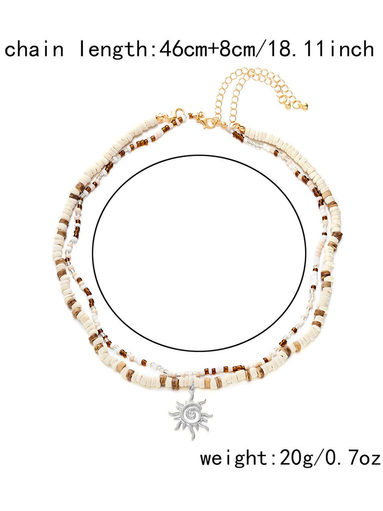 White & Brown Beaded Sun Pendant Layered Necklace: beautiful vintage accessory, retro jewelry, classic style with timeless appeal