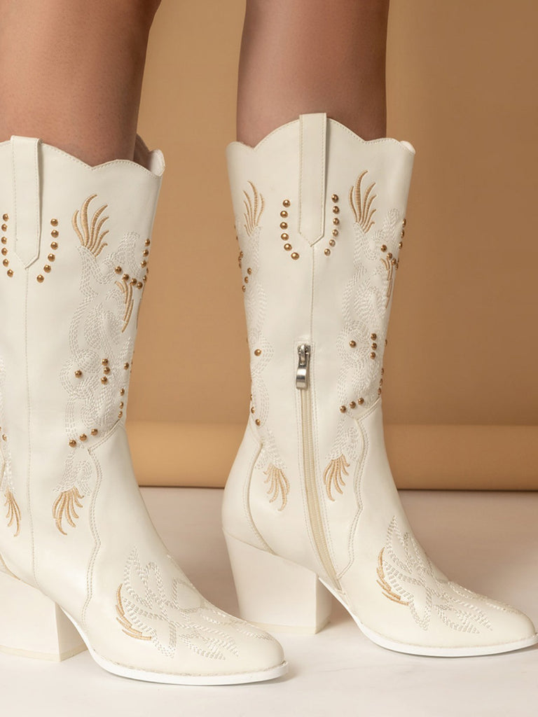 White Embroidered Flower Leather Cowboy Boots: timeless vintage elegance she makes her own
