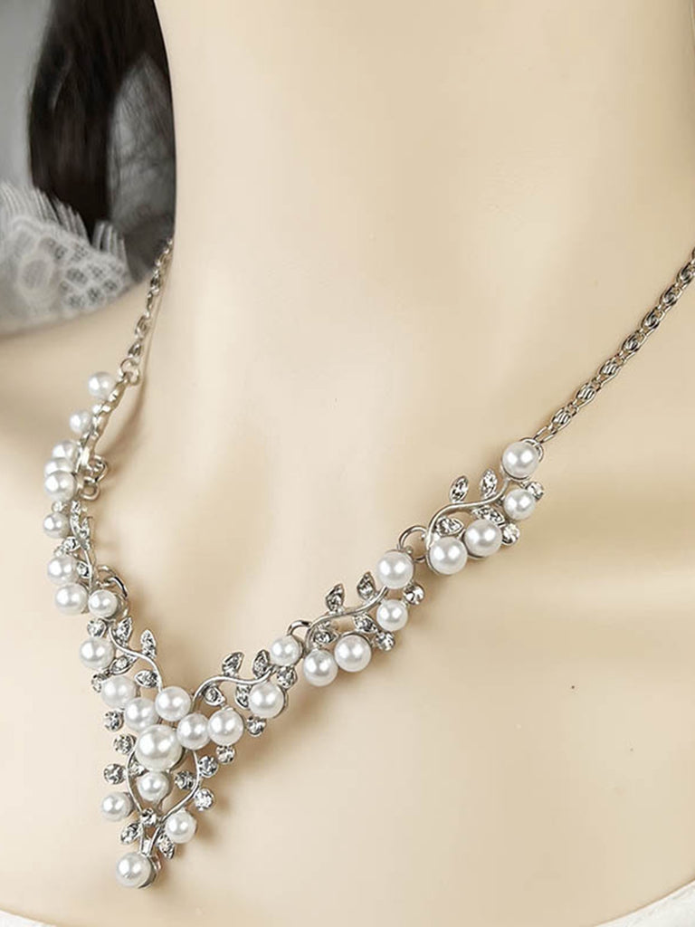 White Pearl Rhinestone Leaves Necklace & Earring Set - vintage fashion, retro style, pure white