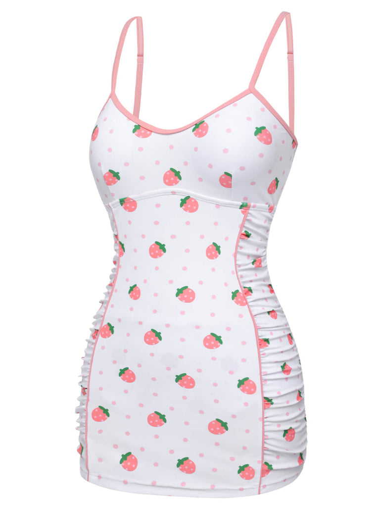 White & Pink 1950s Strawberry Pleated Swimsuit, vintage swimsuit, pin-up swimwear - perfect for women who love vintage and retro fashion