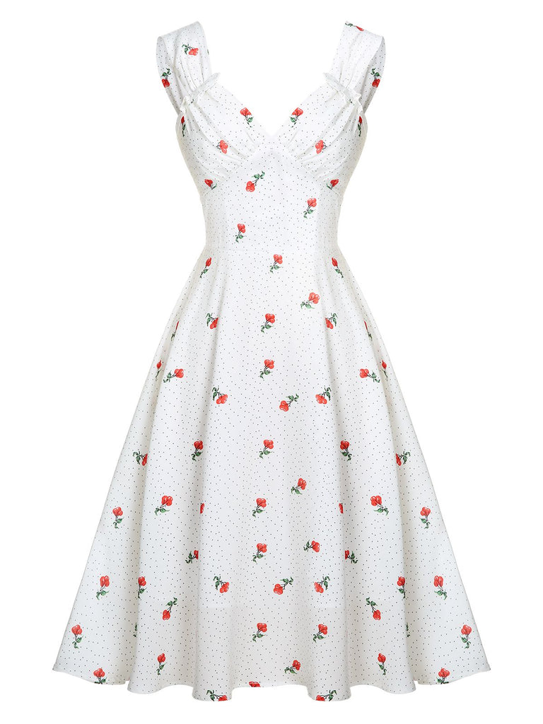 White Satin-faux Cherry Polka Dot Dress, vintage dress, retro fashion - perfect for women who love vintage and retro fashion