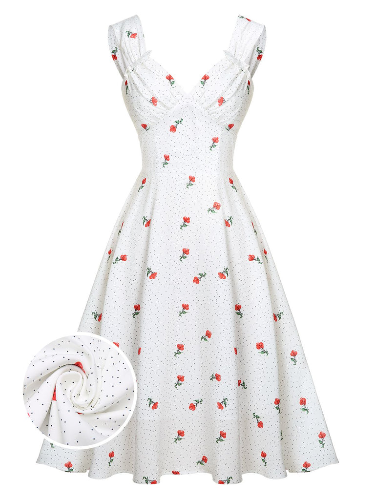 White Satin-faux Cherry Polka Dot Dress, vintage dress, retro fashion - perfect for women who love vintage and retro fashion