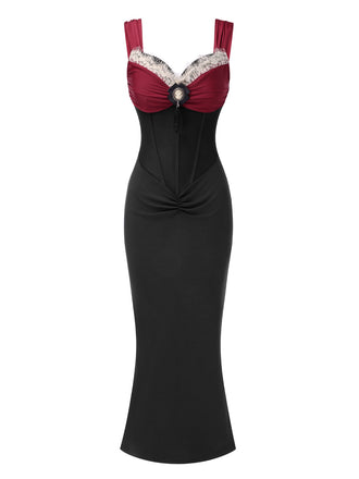 Wine Red 1930s Contrast Fishbone Mermaid Dress - vintage dress, retro fashion, elegant style for vintage lovers