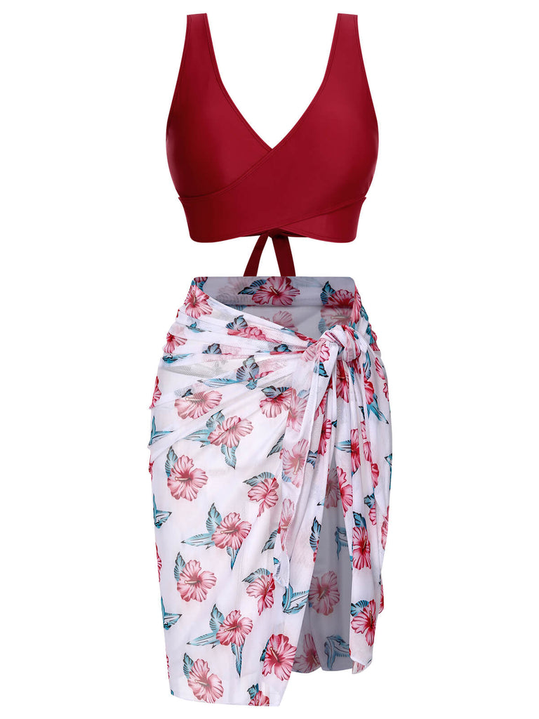 [Plus Size] Wine Red 1930s Floral Bikini Set & Cover-Up, vintage swimsuit, pin-up swimwear - perfect for women who love vintage and retro fashion