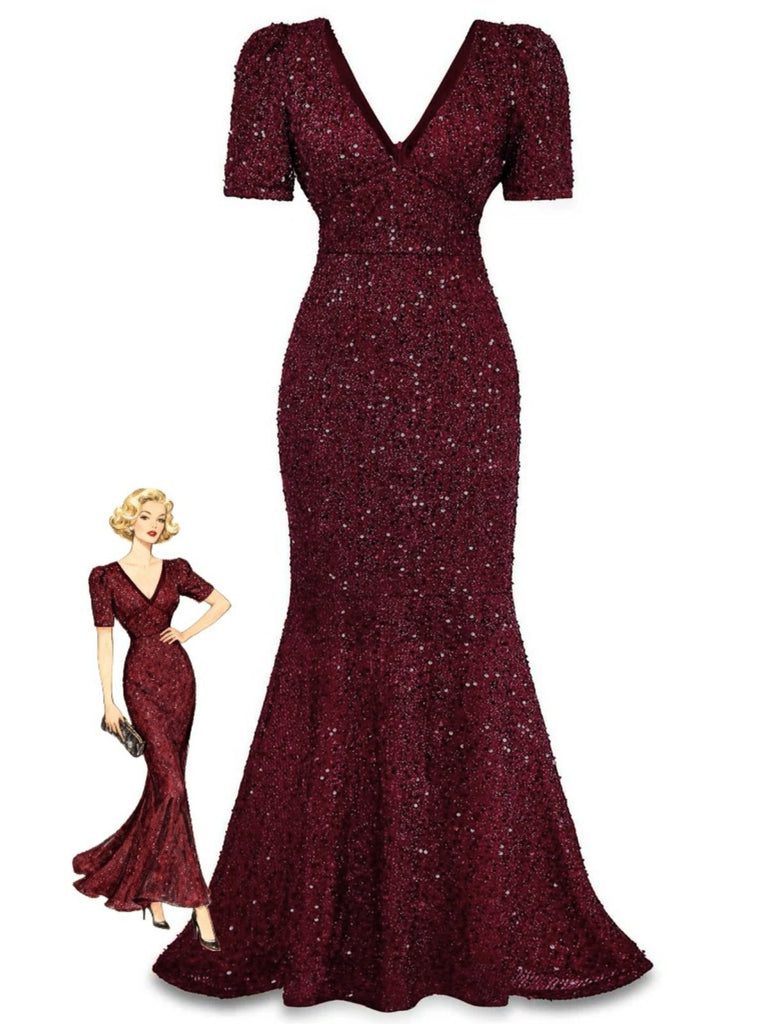 Wine Red 1930s Sequin Bow Maxi Mermaid Dress - vintage dress, retro fashion, elegant red