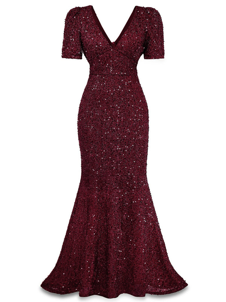 Wine Red 1930s Sequin Bow Maxi Mermaid Dress - vintage dress, retro fashion, elegant red