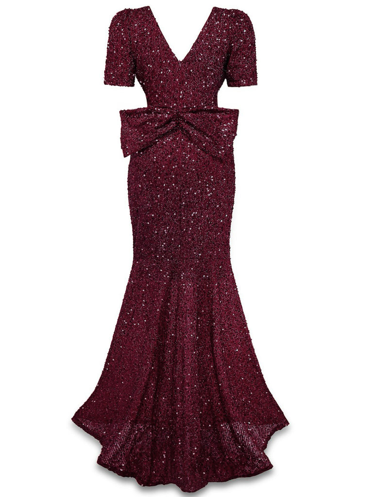 Wine Red 1930s Sequin Bow Maxi Mermaid Dress - vintage dress, retro fashion, elegant red