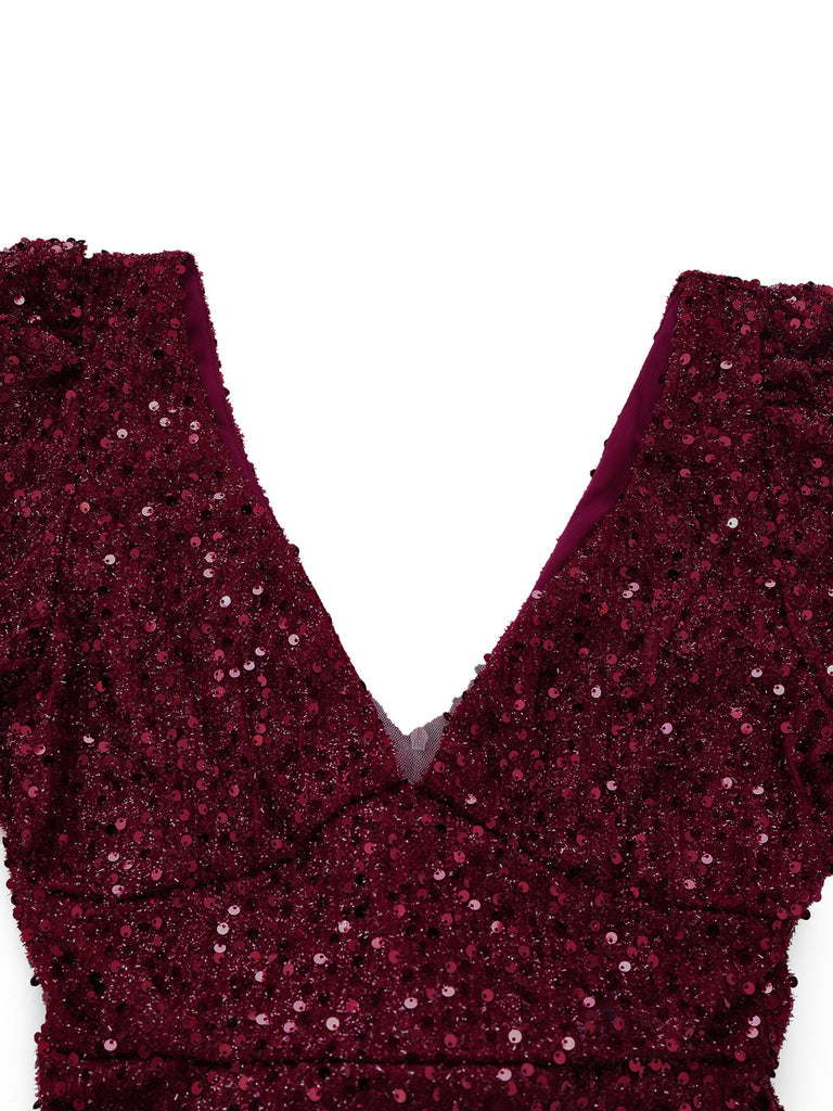 Wine Red 1930s Sequin Bow Maxi Mermaid Dress - vintage dress, retro fashion, elegant red