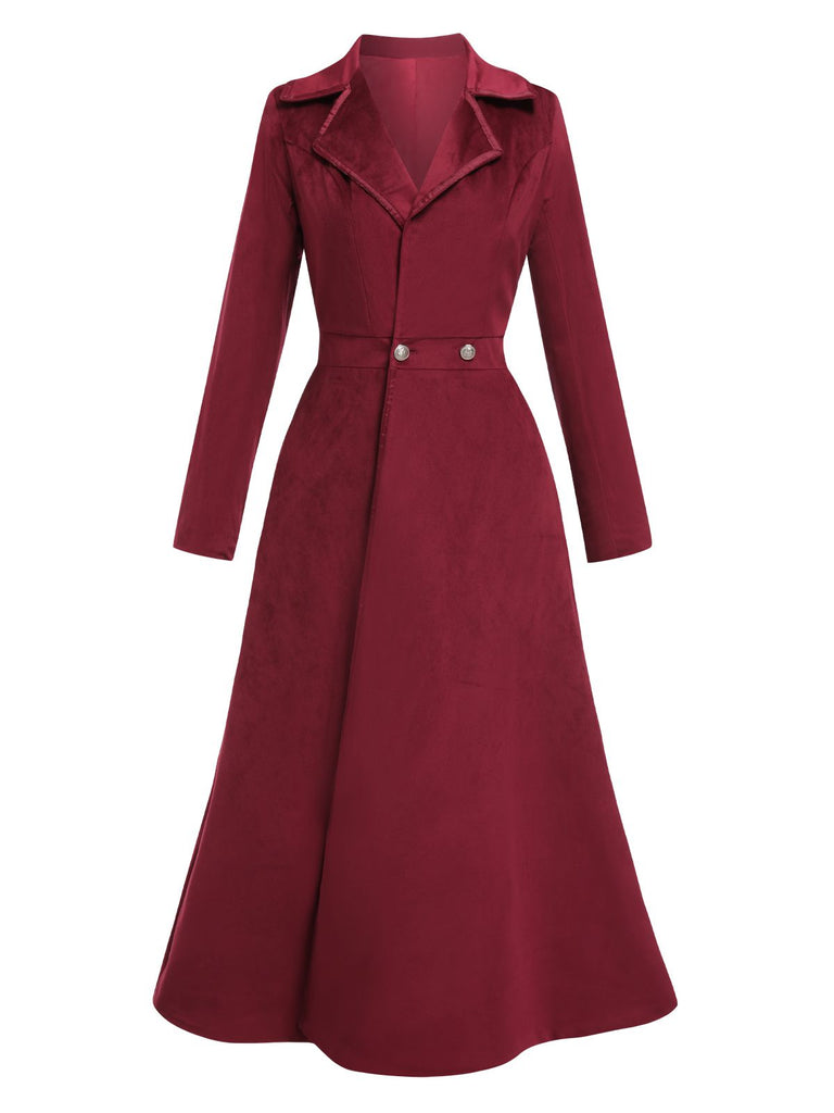 Wine Red 1930s Solid Suede Lapel Long Coat, vintage coat, retro outerwear - perfect for women who love vintage and retro fashion