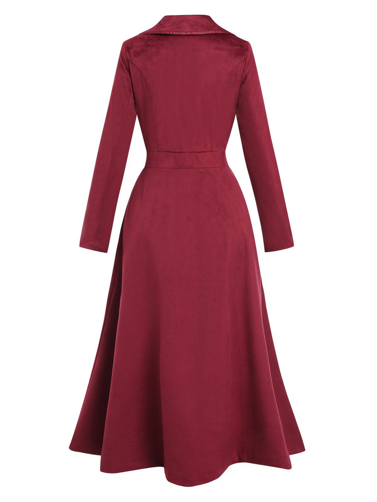 Wine Red 1930s Solid Suede Lapel Long Coat, vintage coat, retro outerwear - perfect for women who love vintage and retro fashion