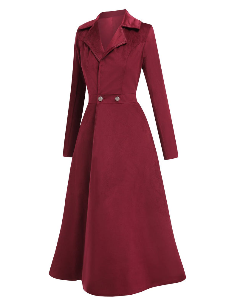 Wine Red 1930s Solid Suede Lapel Long Coat, vintage coat, retro outerwear - perfect for women who love vintage and retro fashion