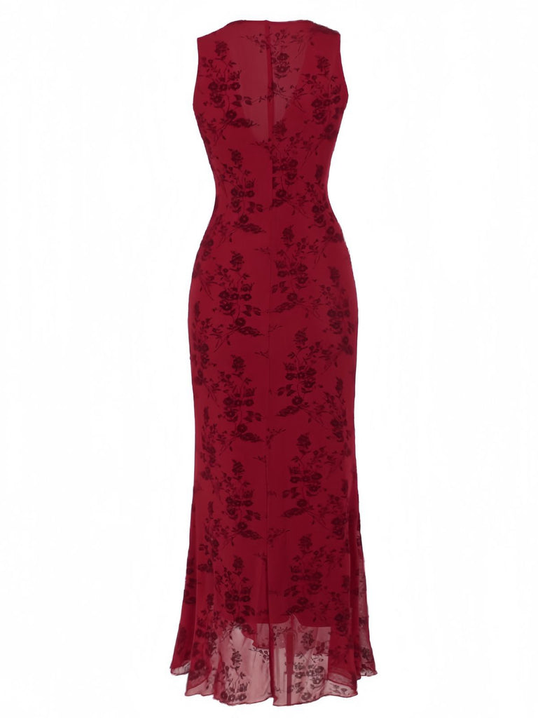 Wine Red 1930s V-Neck Floral Mesh Dress - vintage dress, retro fashion, elegant red