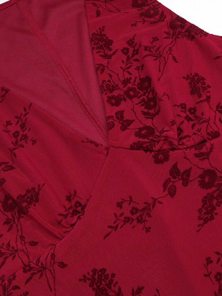 Wine Red 1930s V-Neck Floral Mesh Dress - vintage dress, retro fashion, elegant red